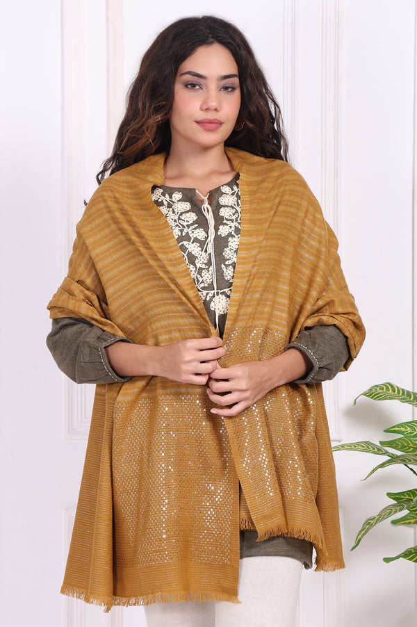 Cream Striped Sequined Shawl Acrylic Stole