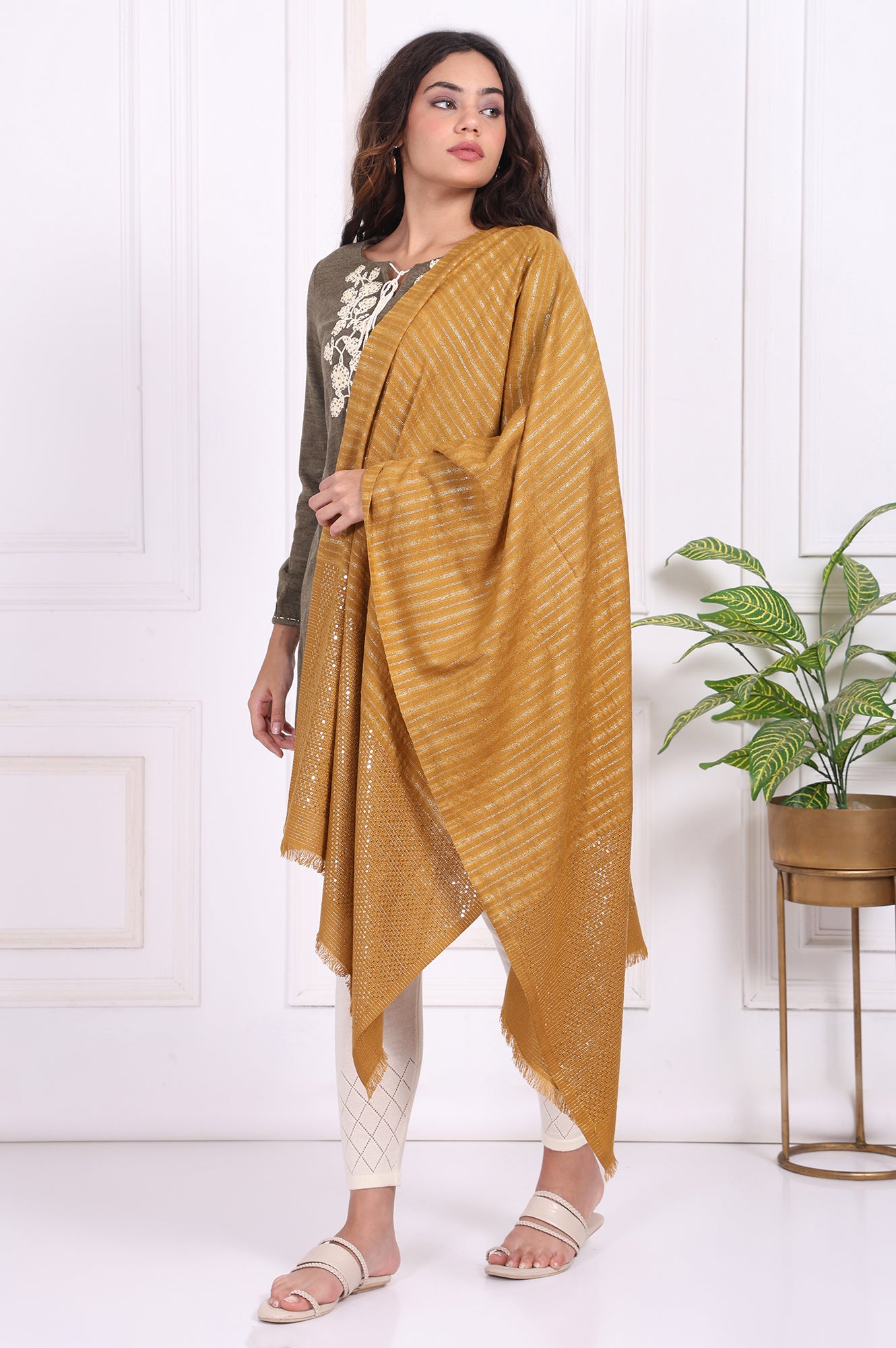 Cream Striped Sequined Shawl Acrylic Stole