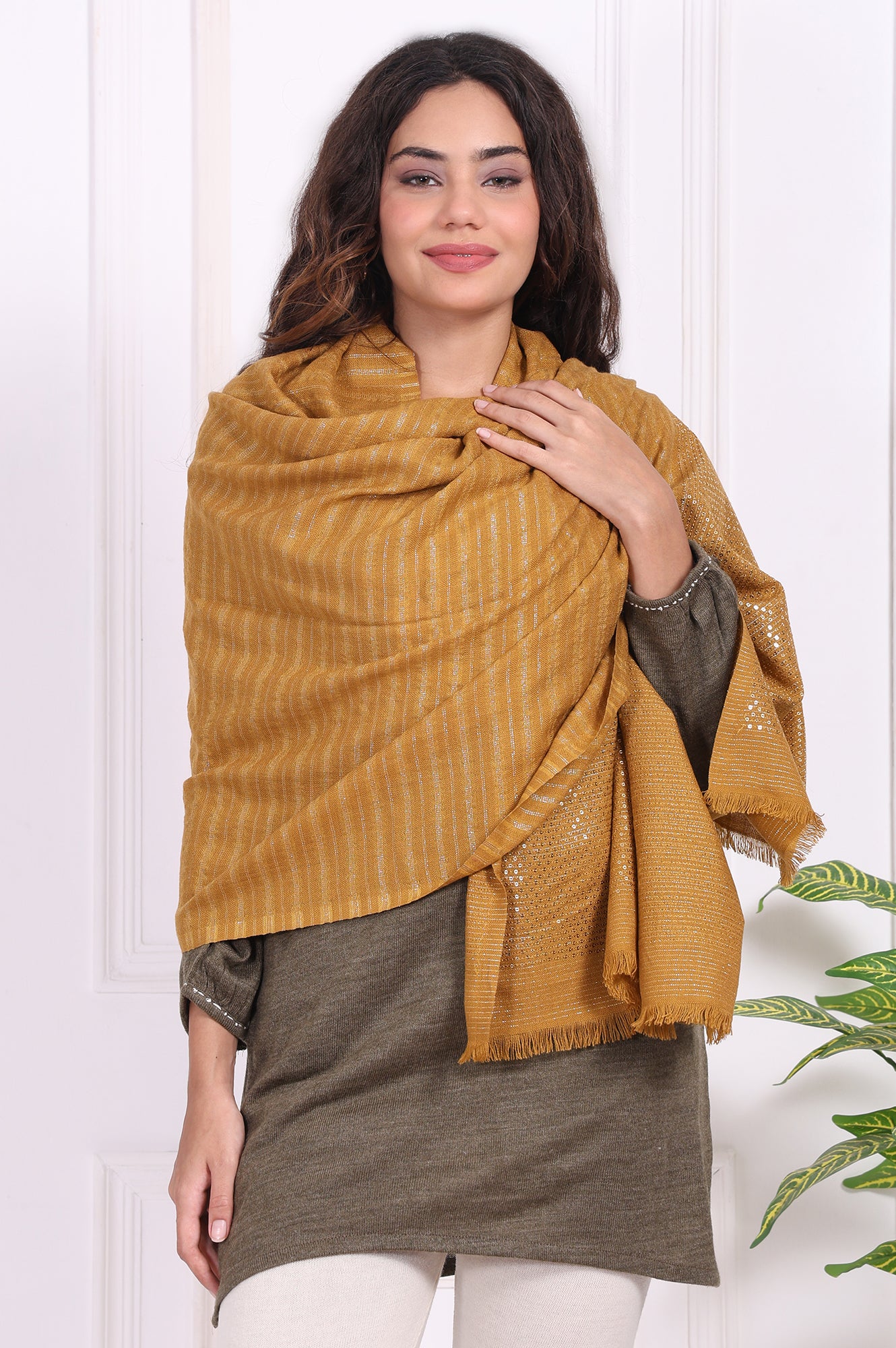 Cream Striped Sequined Shawl Acrylic Stole