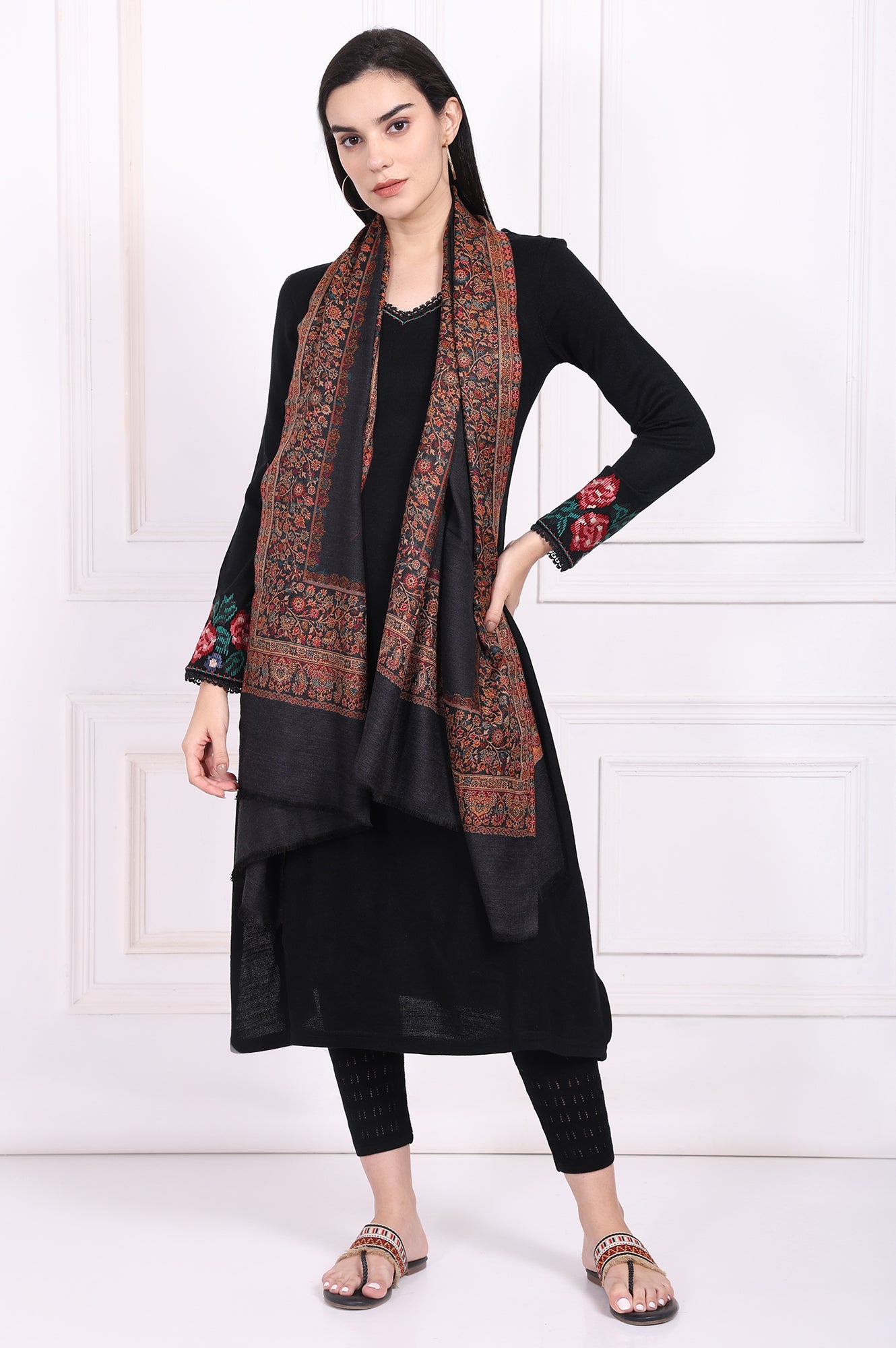 Black Ethnic Motifs Paisley Wool Shawl