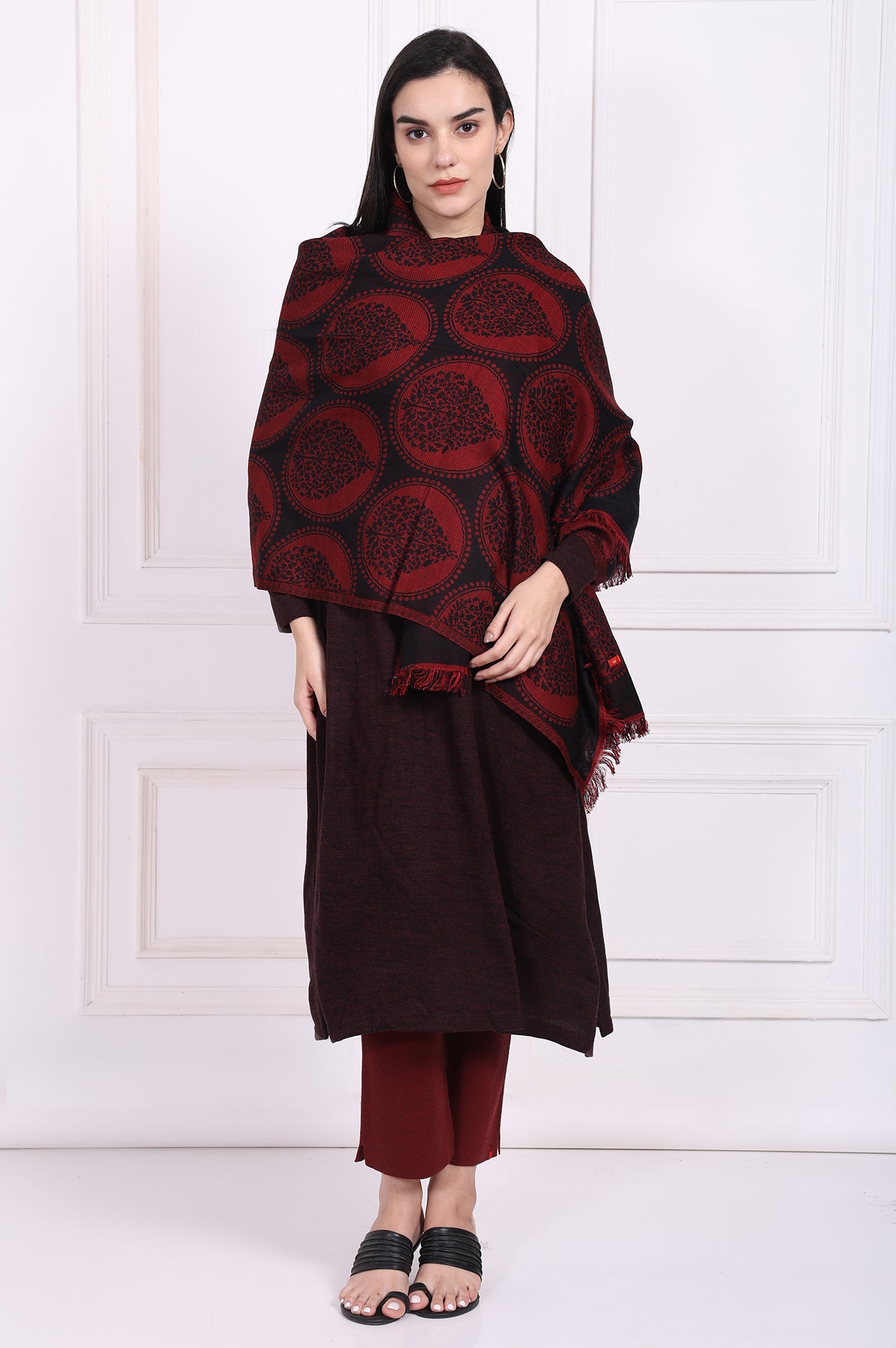 Maroon Ethnic Motifs Cotton Shawl