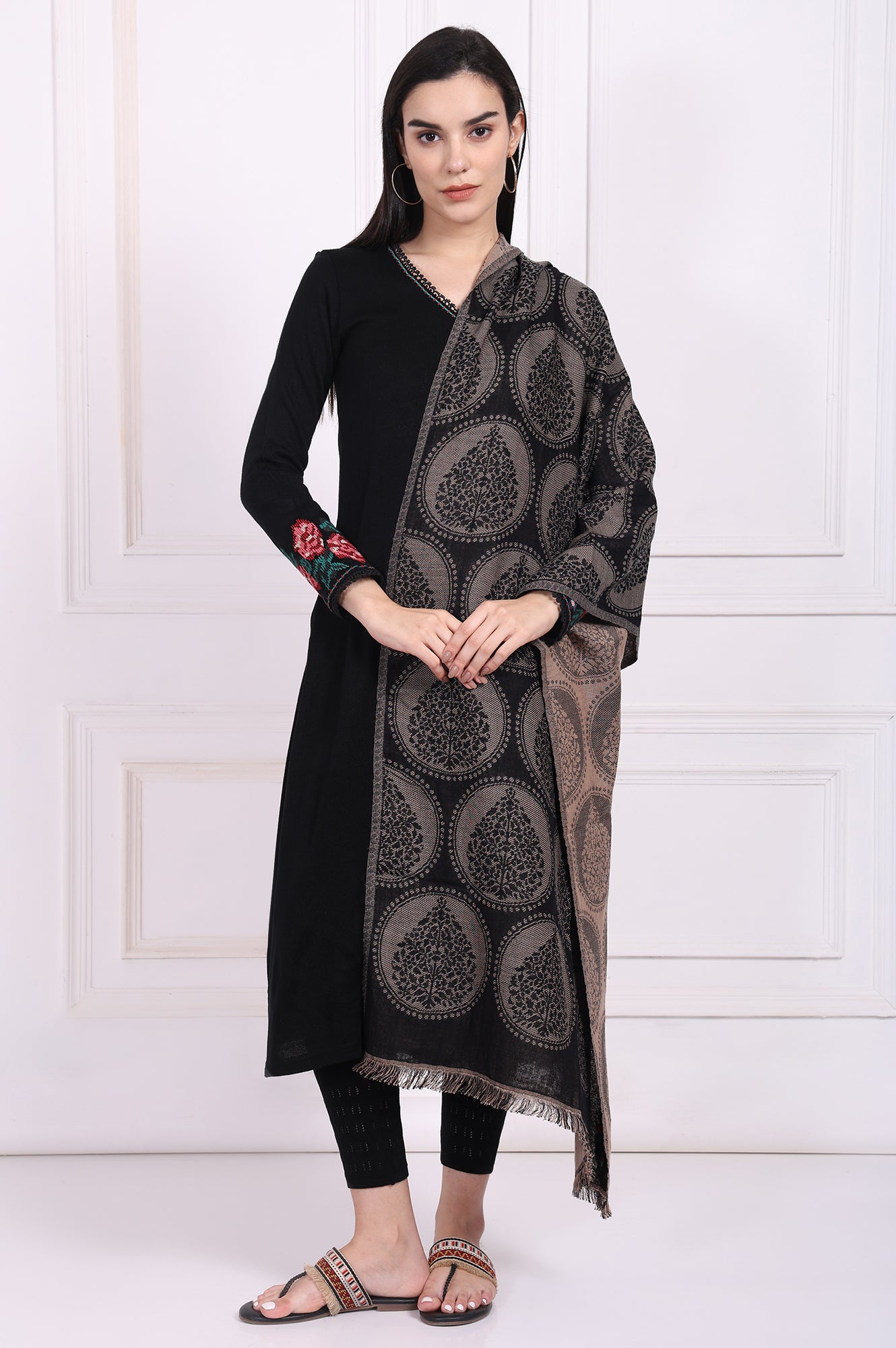 Black Ethnic Motifs Cotton Shawl