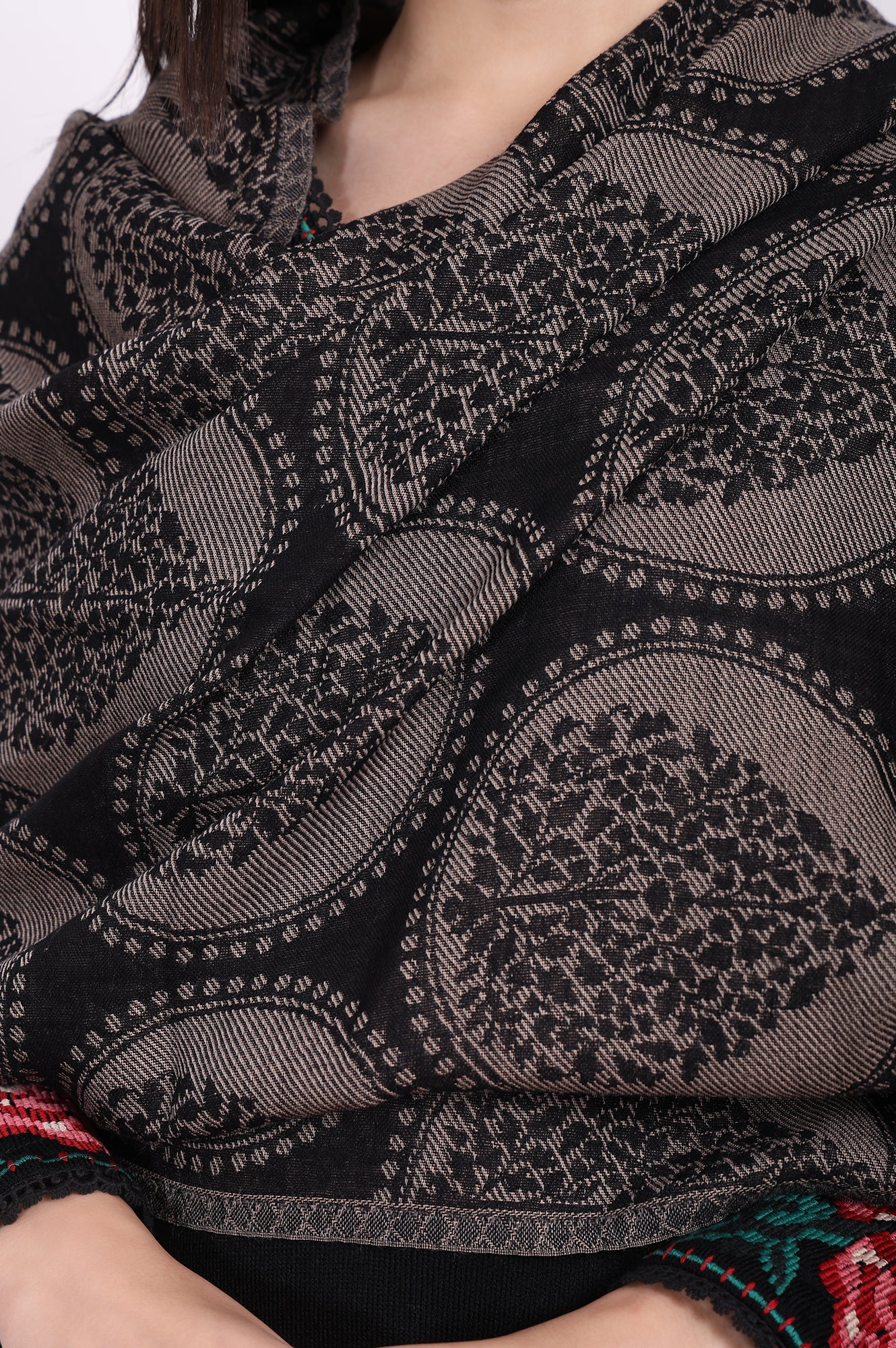 Black Ethnic Motifs Cotton Shawl