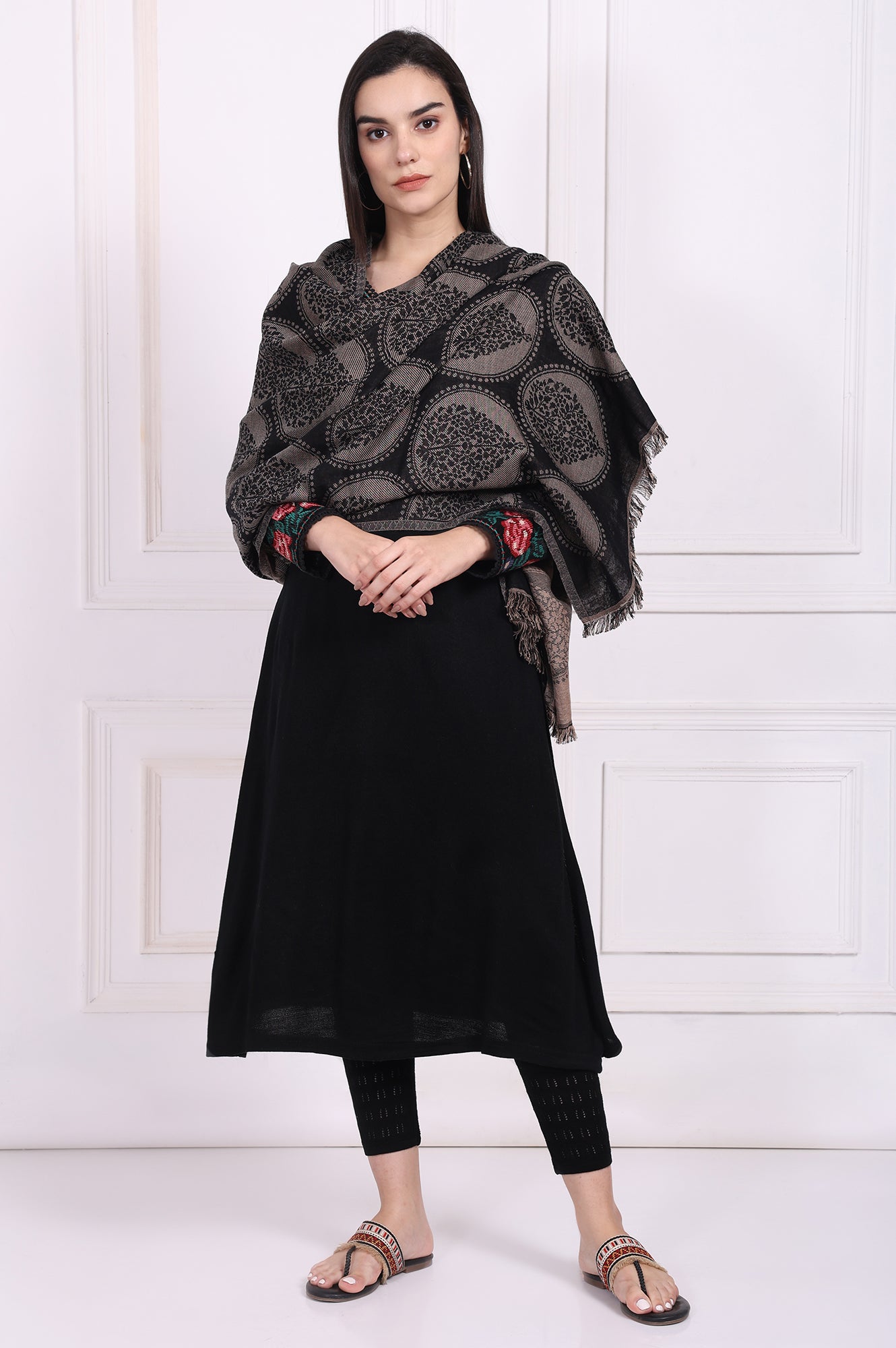 Black Ethnic Motifs Cotton Shawl