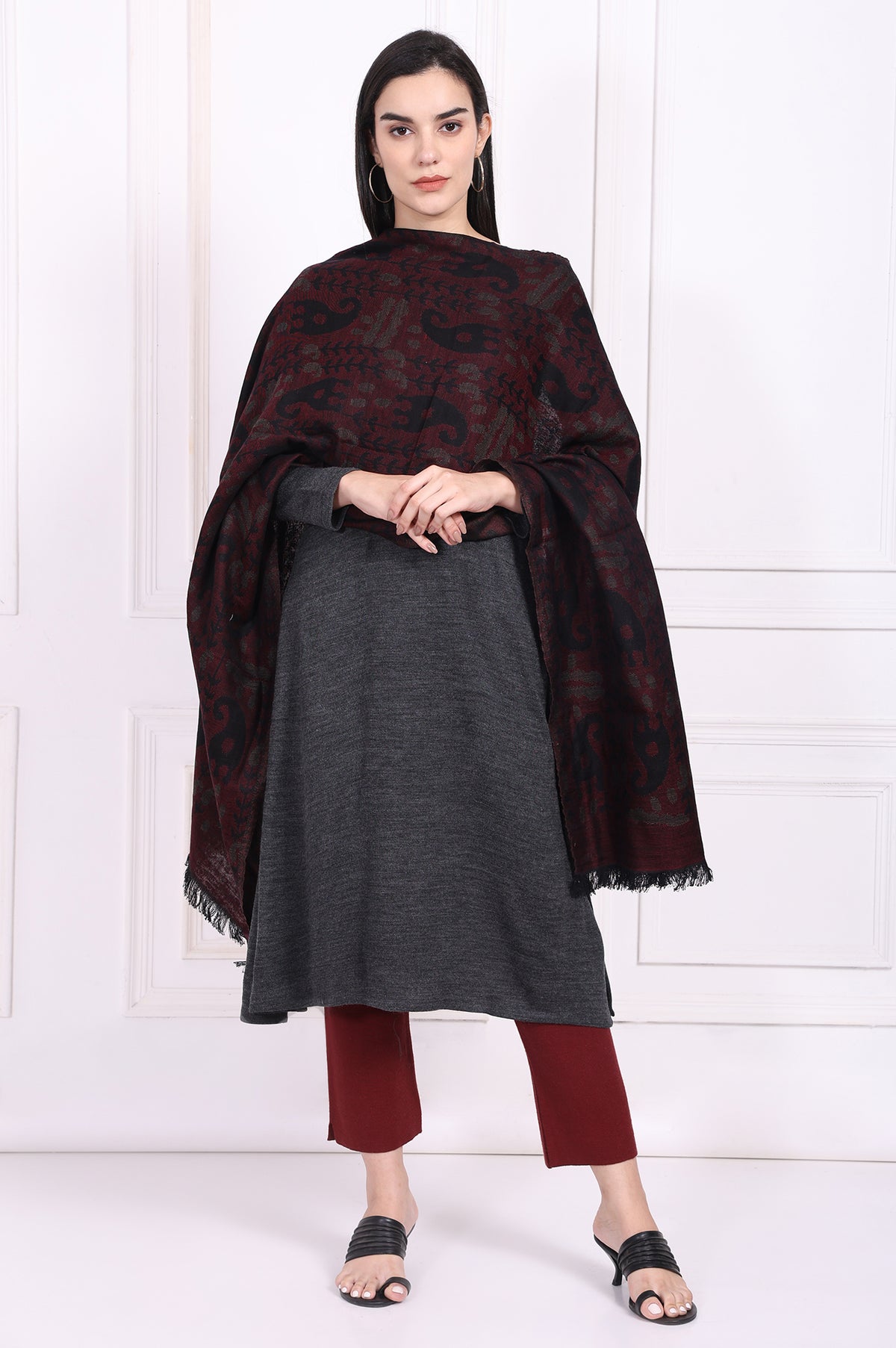 Black Ethnic Motifs Paisley Cotton Shawl - FS