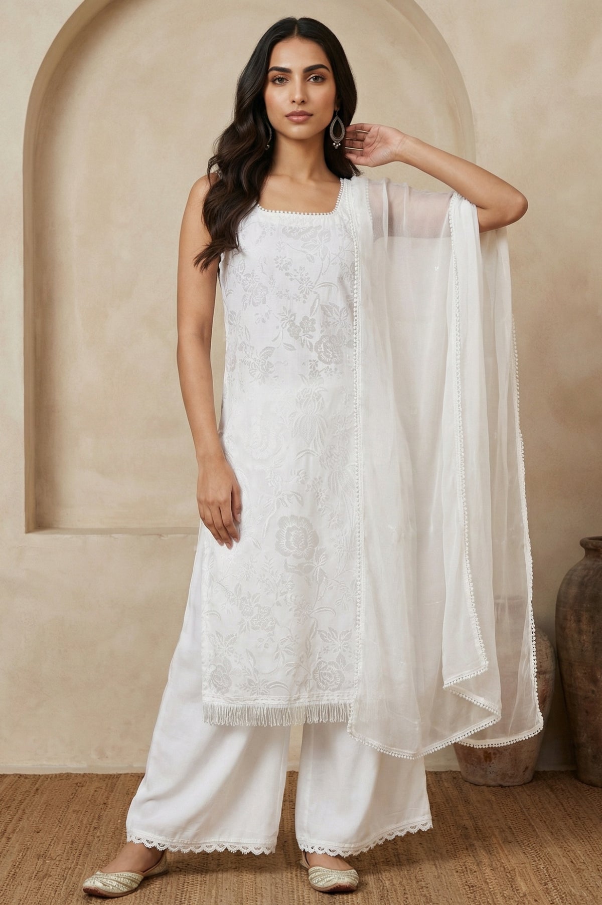 White Thread Embroidered Brasso Dupatta with Lace