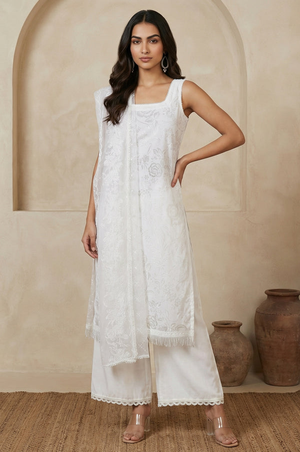 White Thread Embroidered Brasso Dupatta with Lace