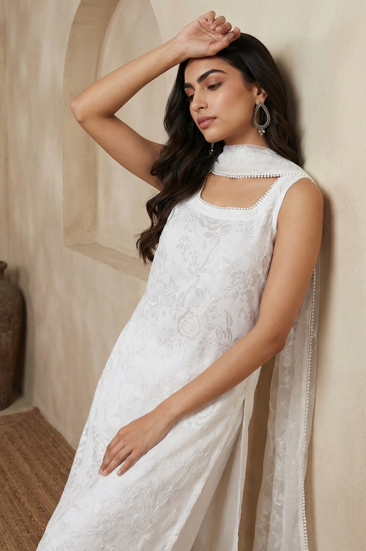 White Thread Embroidered Brasso Dupatta with Lace