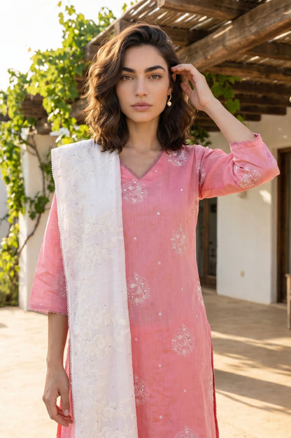 White Thread Embroidered Damini Dupatta