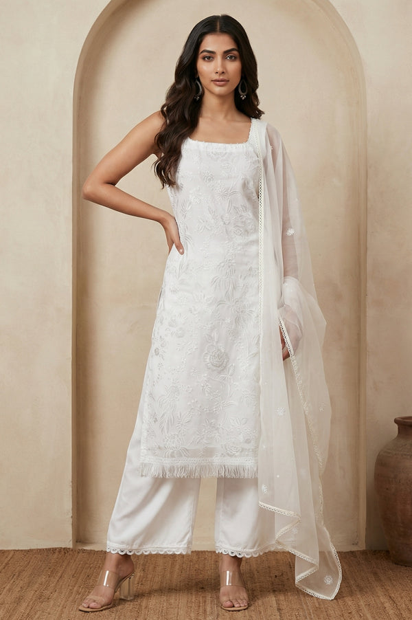 White Thread Embroidered Organza Dupatta