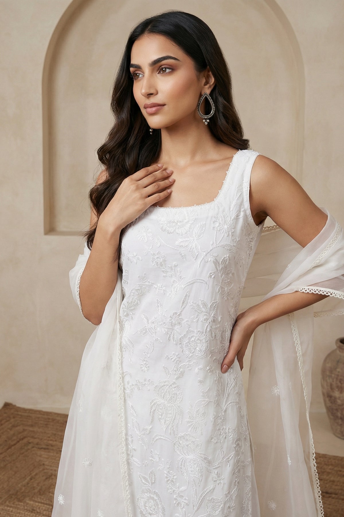 White Thread Embroidered Organza Dupatta