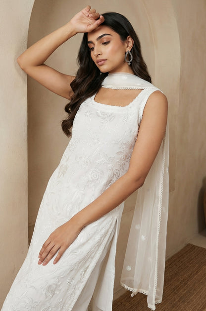 White Thread Embroidered Organza Dupatta