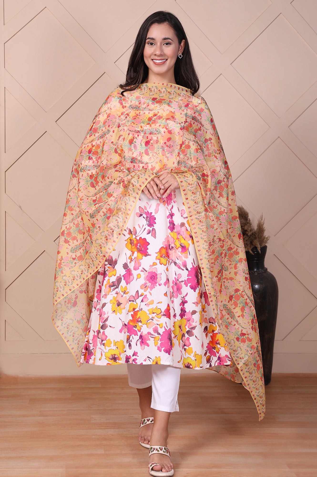 Yellow Floral Printed Organza Dupatta