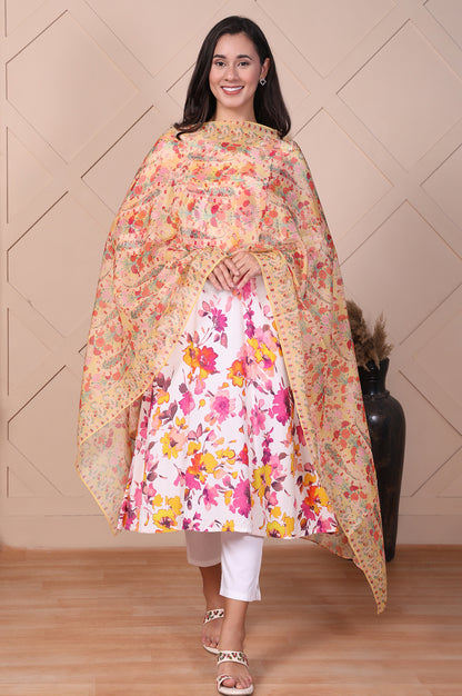 Yellow Floral Printed Organza Dupatta