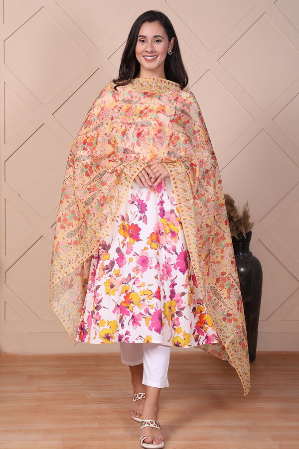 Yellow Floral Printed Organza Dupatta