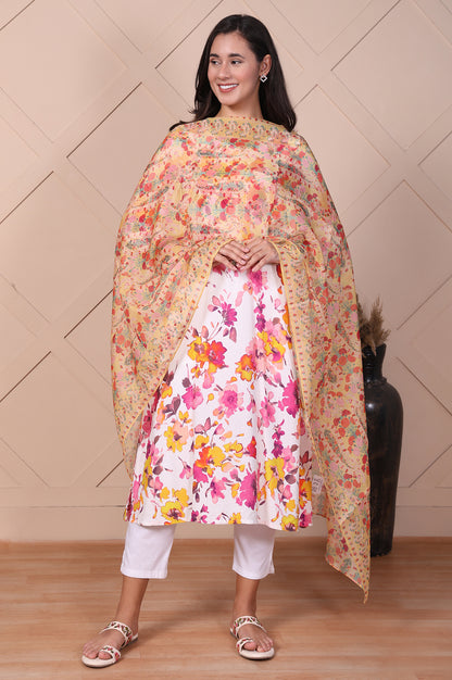 Yellow Floral Printed Organza Dupatta
