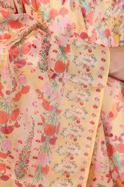 Yellow Floral Printed Organza Dupatta