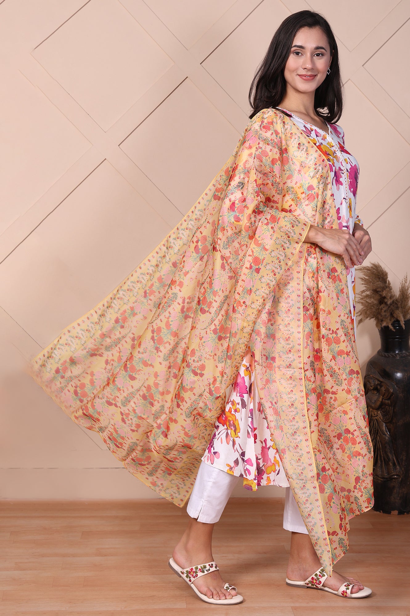 Yellow Floral Printed Organza Dupatta