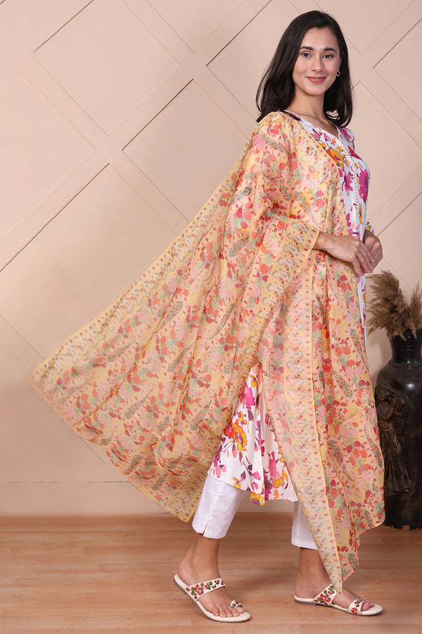 Yellow Floral Printed Organza Dupatta