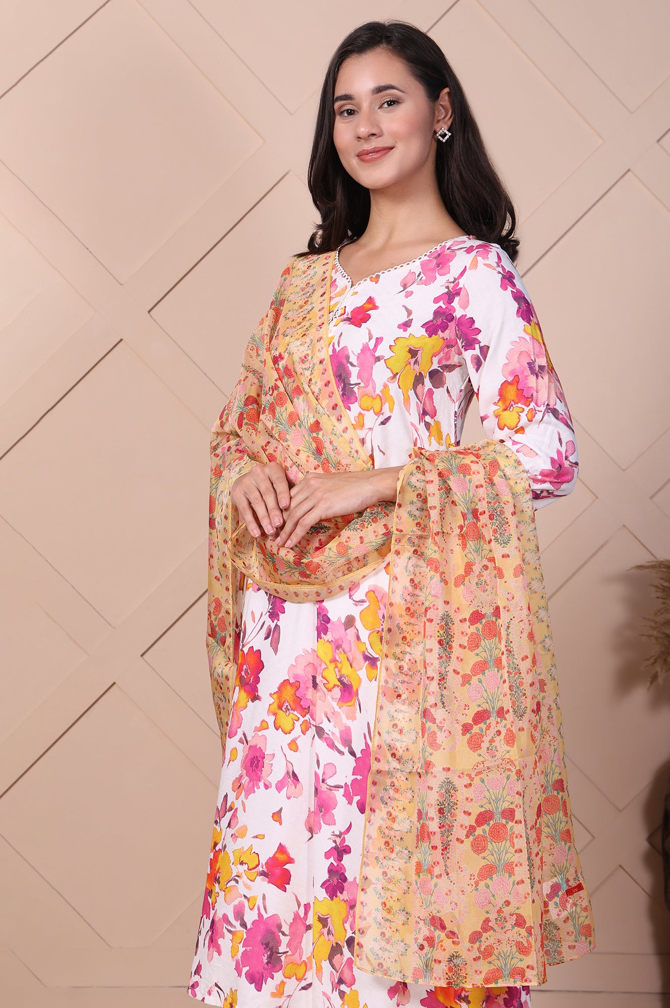 Yellow Floral Printed Organza Dupatta