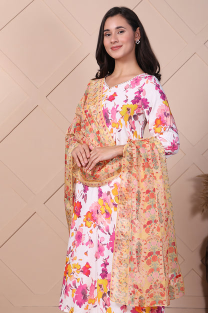 Yellow Floral Printed Organza Dupatta