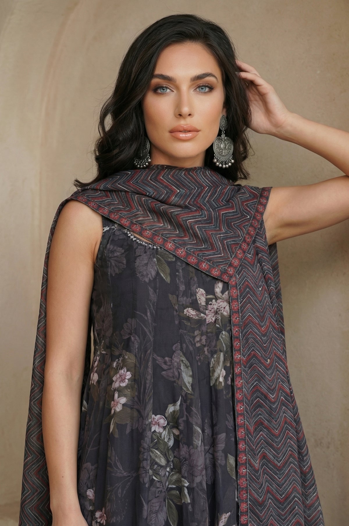 Black and Red Chevron Geometric Printed Chiffon Dupatta