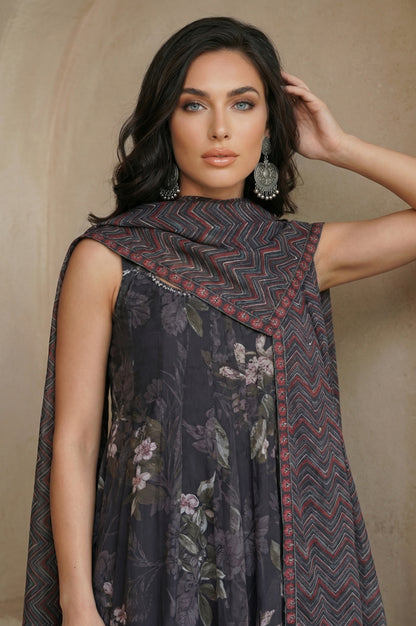 Black and Red Chevron Geometric Printed Chiffon Dupatta
