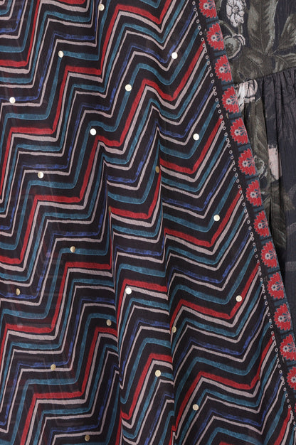 Black and Red Chevron Geometric Printed Chiffon Dupatta