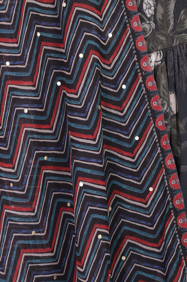 Black and Red Chevron Geometric Printed Chiffon Dupatta
