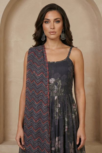 Black and Red Chevron Geometric Printed Chiffon Dupatta