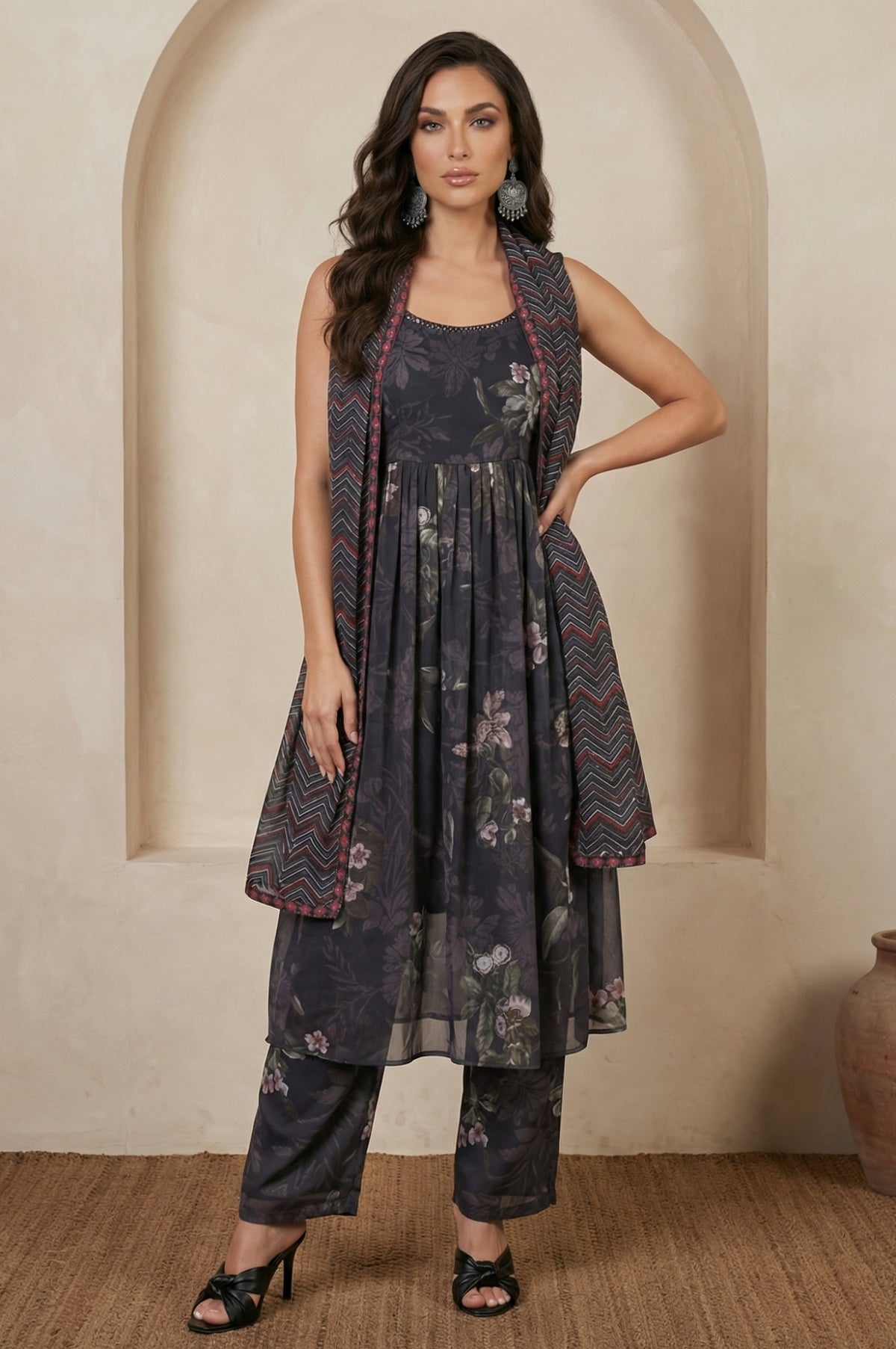 Black and Red Chevron Geometric Printed Chiffon Dupatta