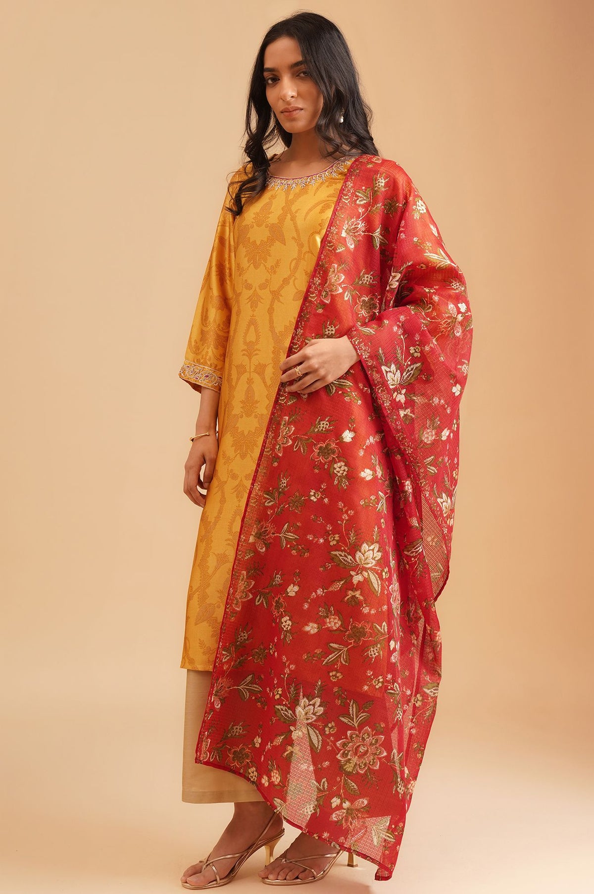 Red Floral Printed Thread Embroidered Kota Doria Dupatta