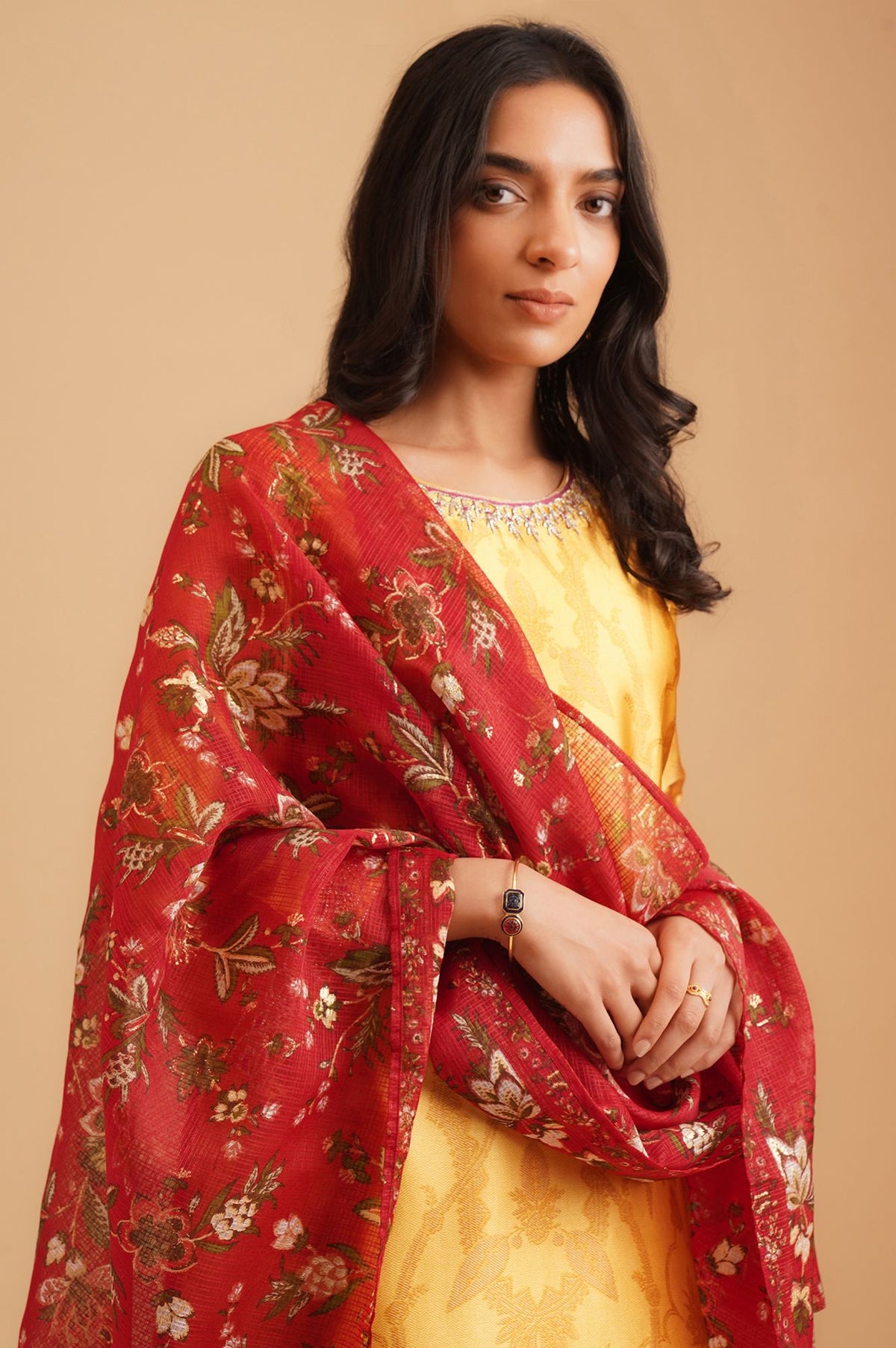 Red Floral Printed Thread Embroidered Kota Doria Dupatta