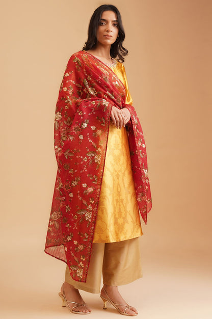 Red Floral Printed Thread Embroidered Kota Doria Dupatta