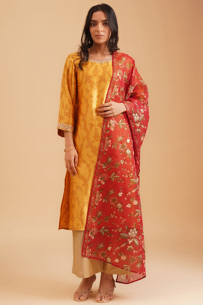 Red Floral Printed Thread Embroidered Kota Doria Dupatta