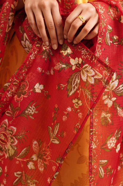 Red Floral Printed Thread Embroidered Kota Doria Dupatta