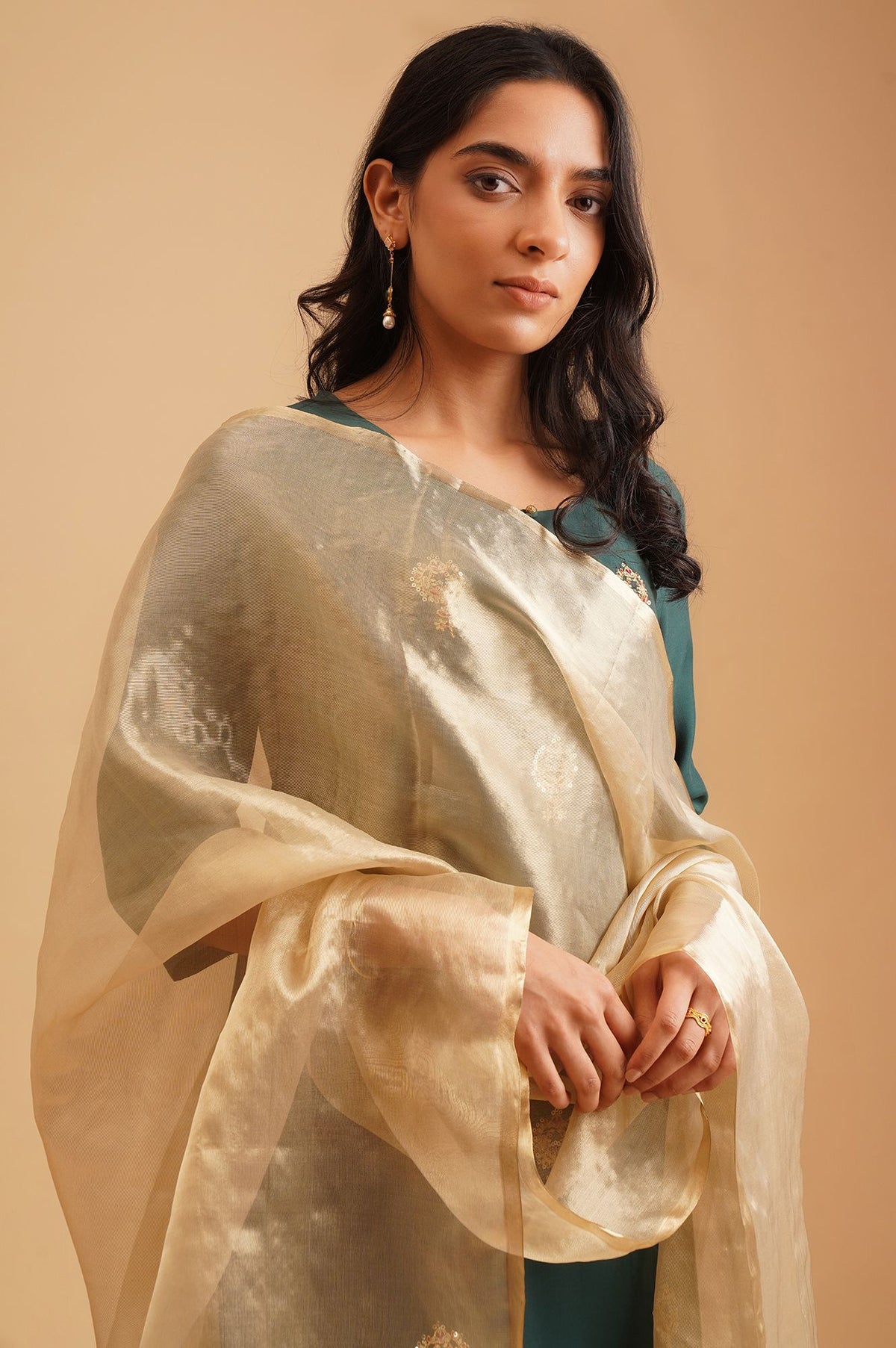 Gold Solid Yarn Dyed Tissue Organza Dupatta