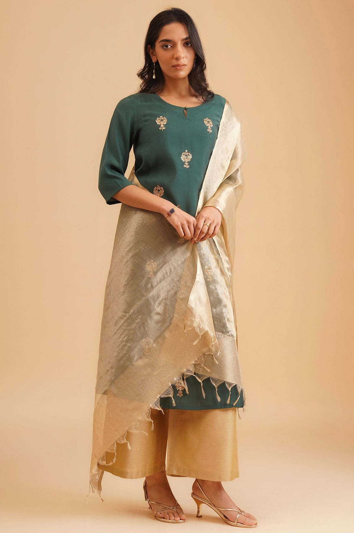 Gold Solid Yarn Dyed Tissue Organza Dupatta