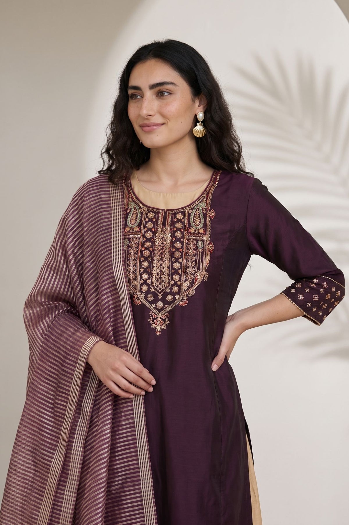 Maroon Yarn Dyed Striped Chanderi Dupatta