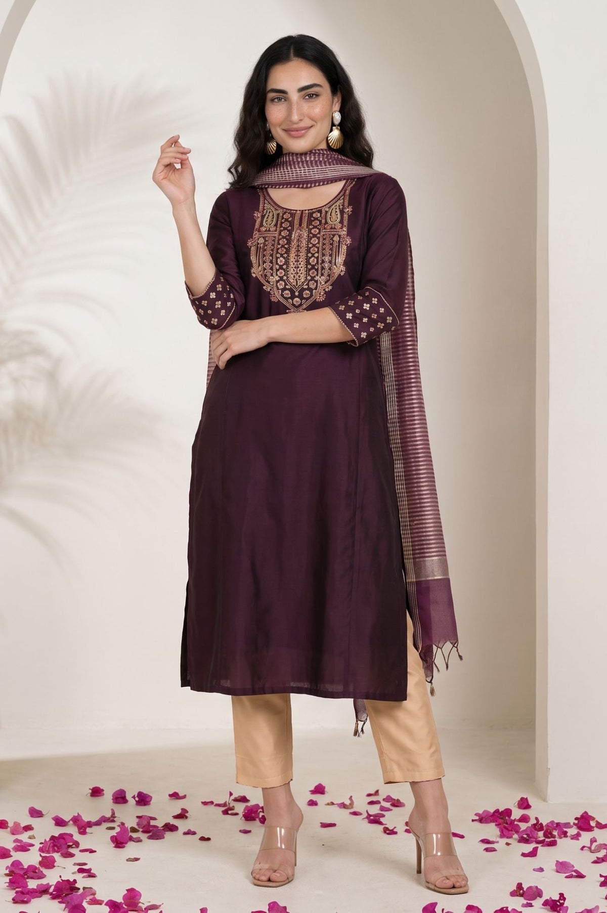 Maroon Yarn Dyed Striped Chanderi Dupatta
