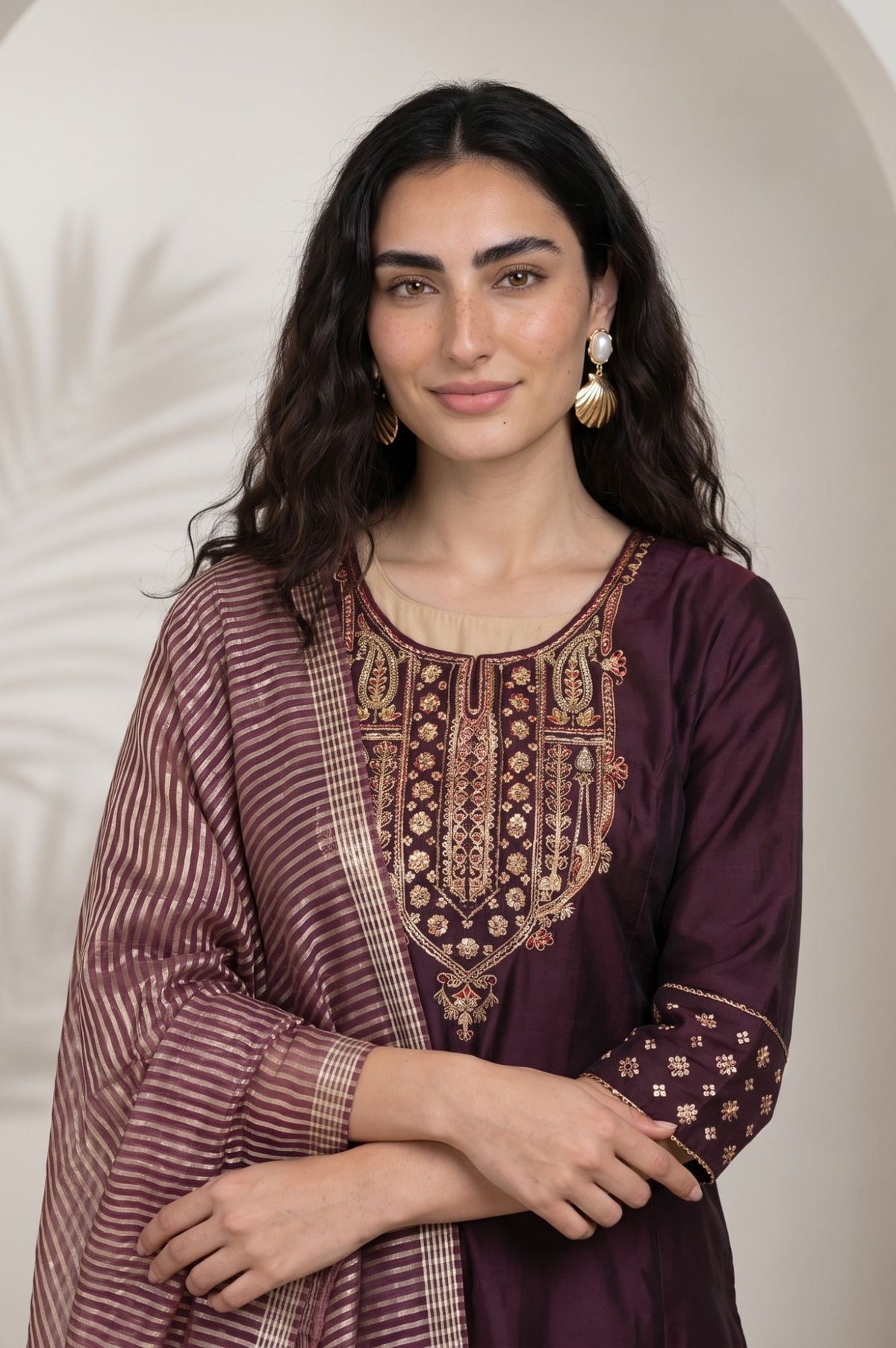 Maroon Yarn Dyed Striped Chanderi Dupatta