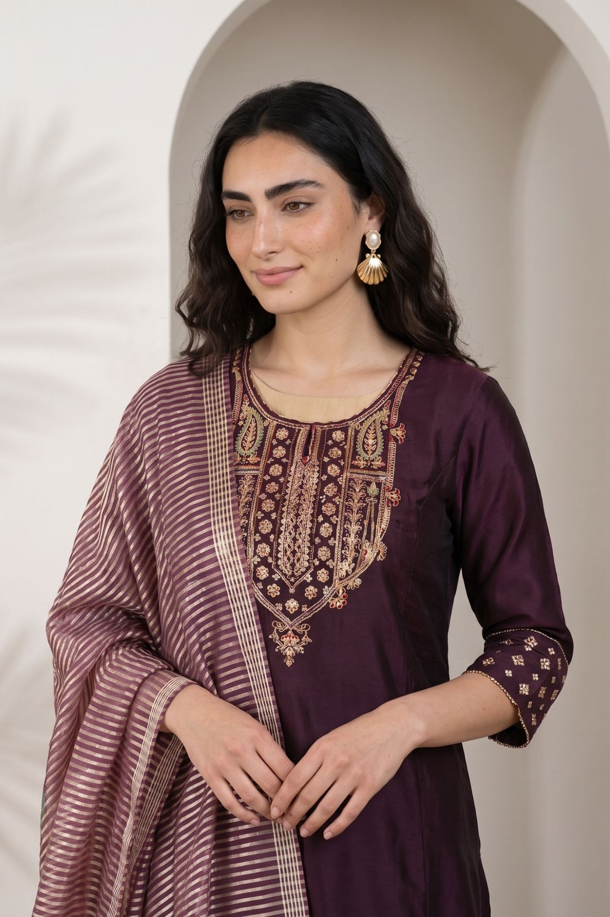 Maroon Yarn Dyed Striped Chanderi Dupatta