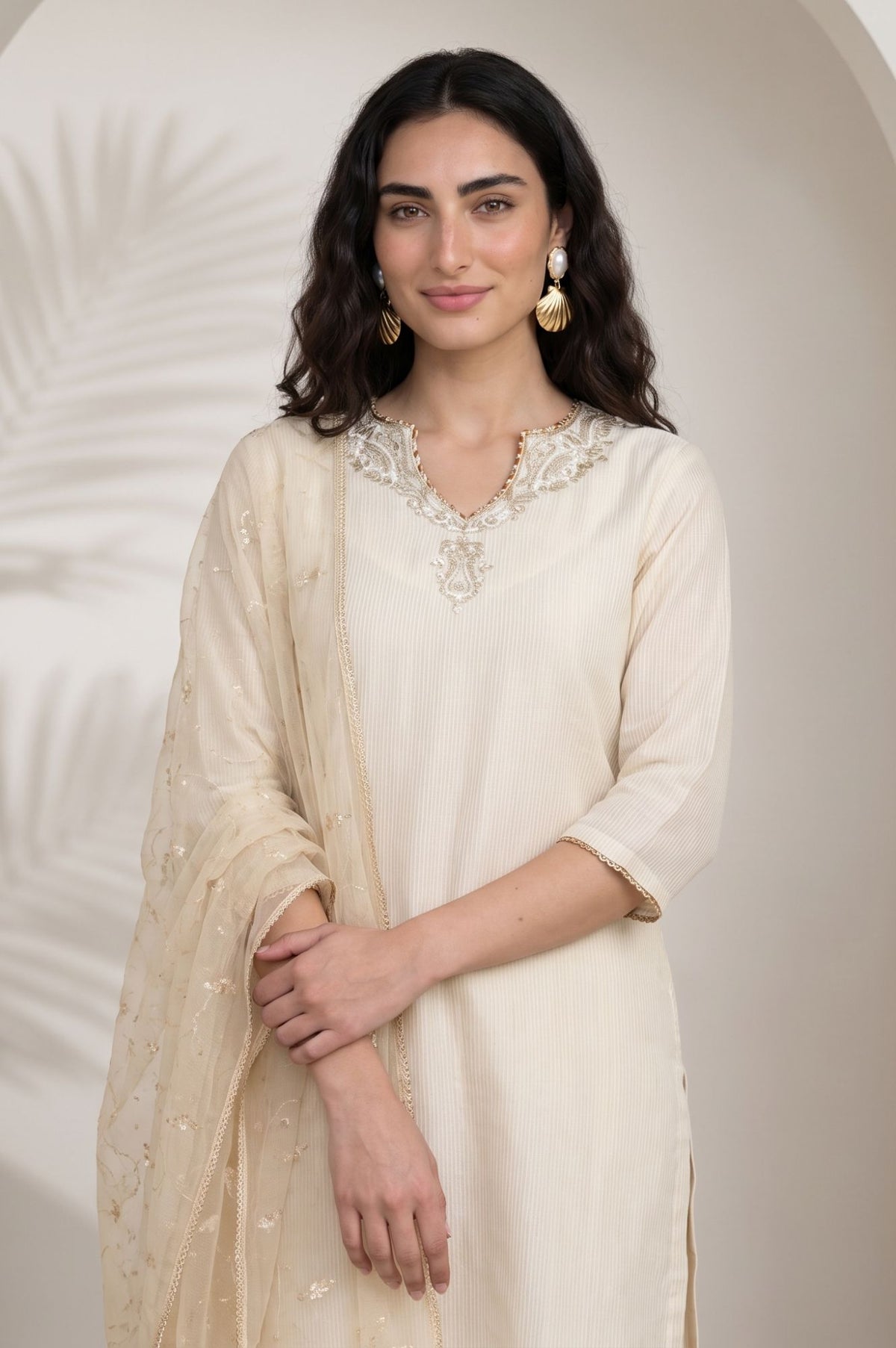 Beige Yarn Dyed Sequins Mesh Dupatta