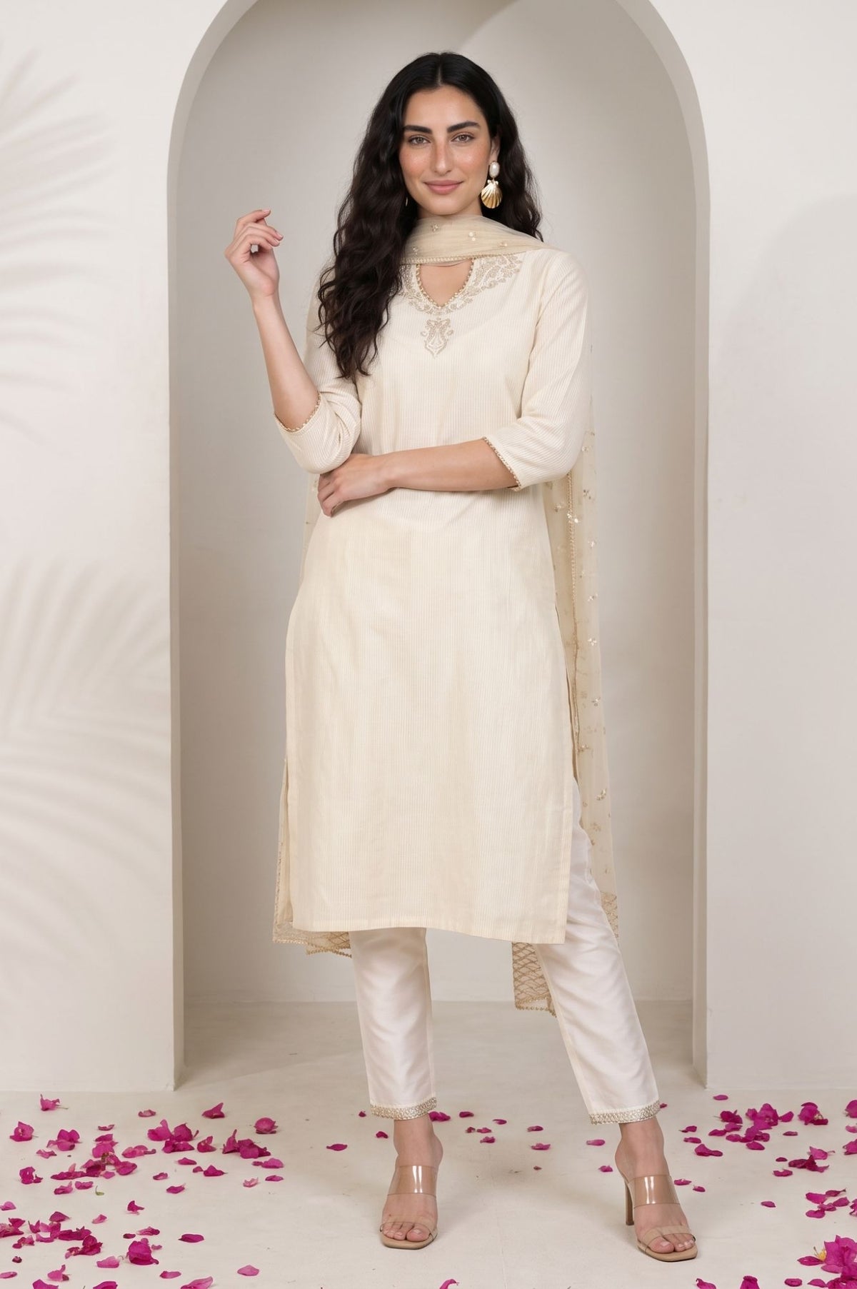 Beige Yarn Dyed Sequins Mesh Dupatta