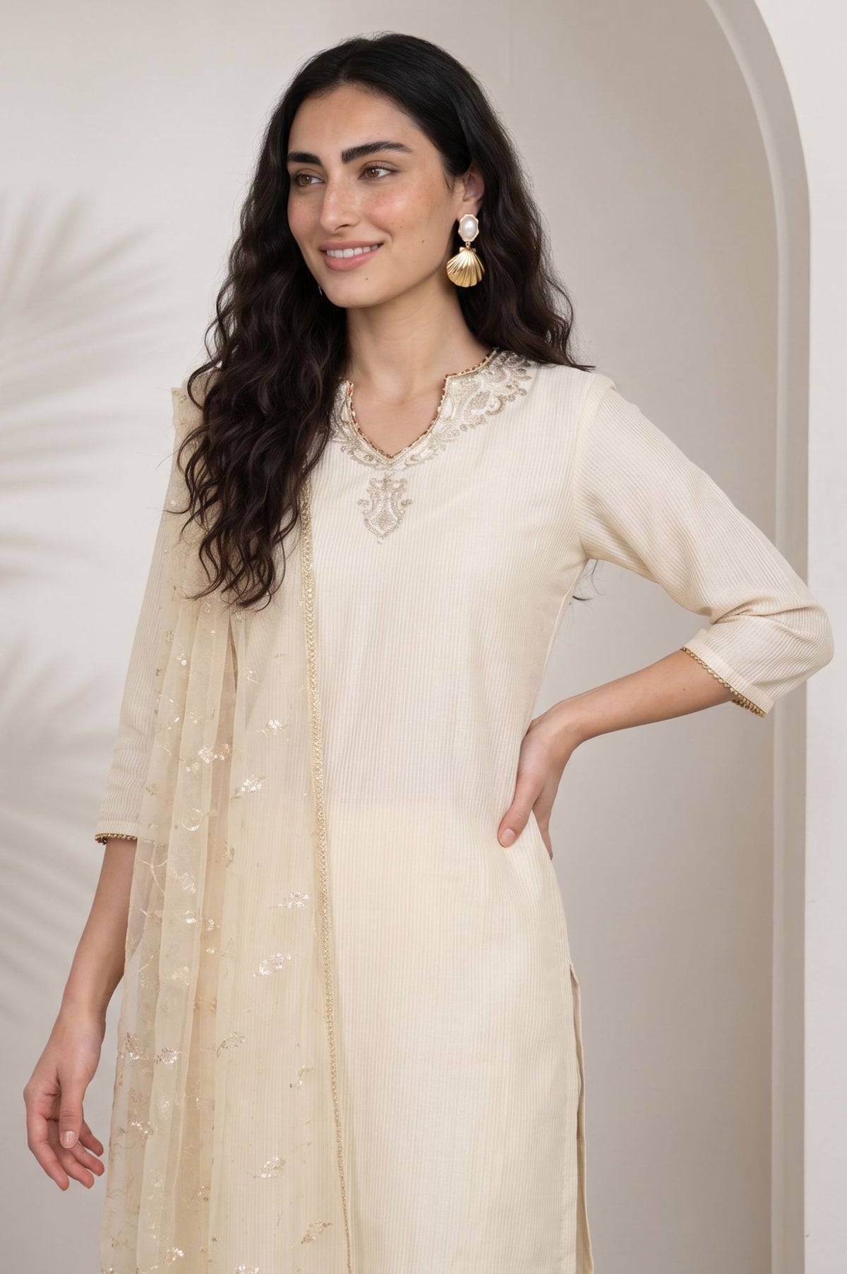 Beige Yarn Dyed Sequins Mesh Dupatta