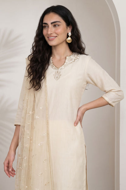 Beige Yarn Dyed Sequins Mesh Dupatta