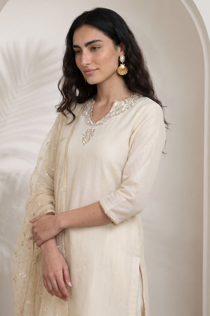 Beige Yarn Dyed Sequins Mesh Dupatta