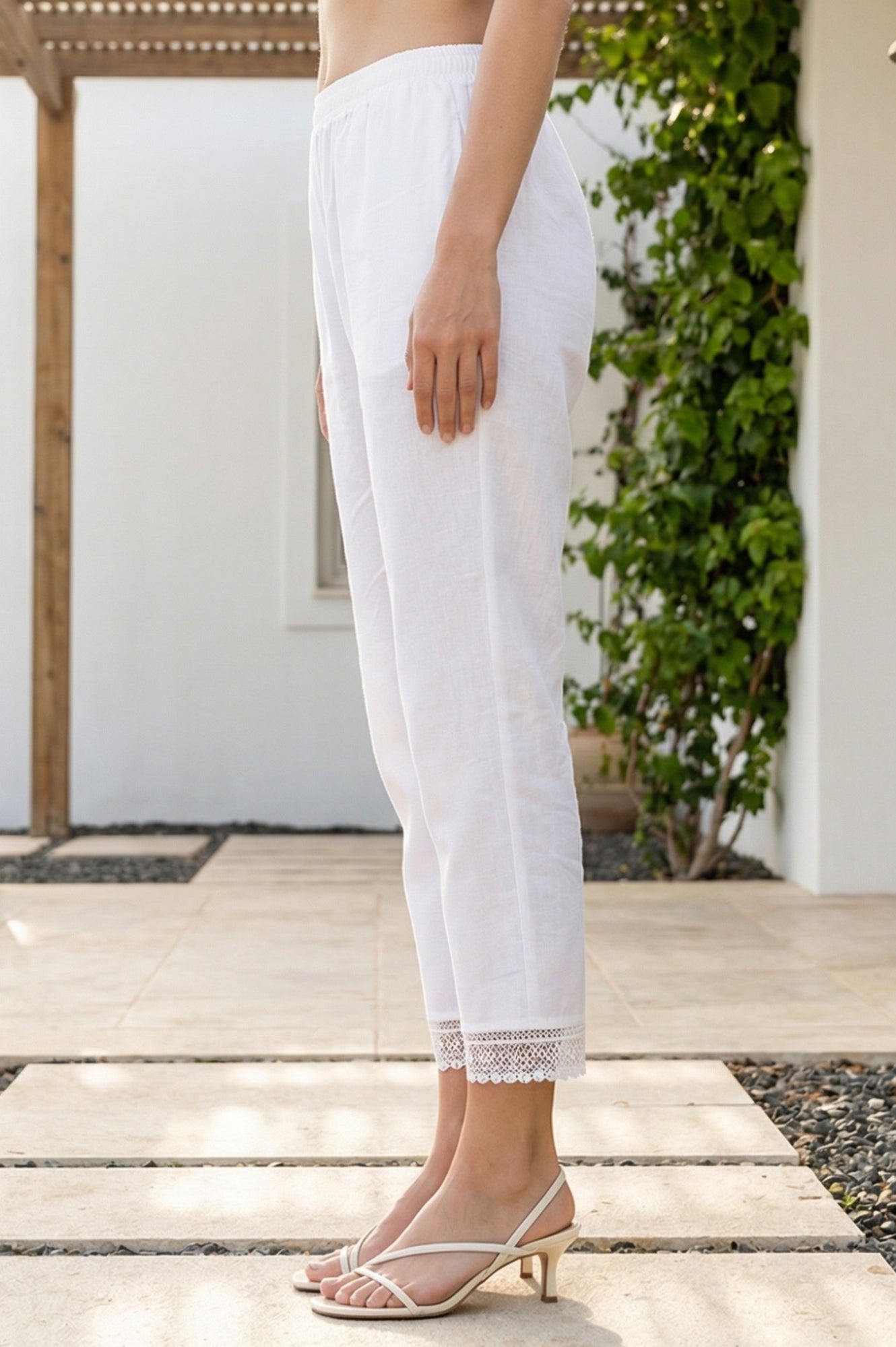 White Solid Pure Cotton Straight Fit Pants with Lace