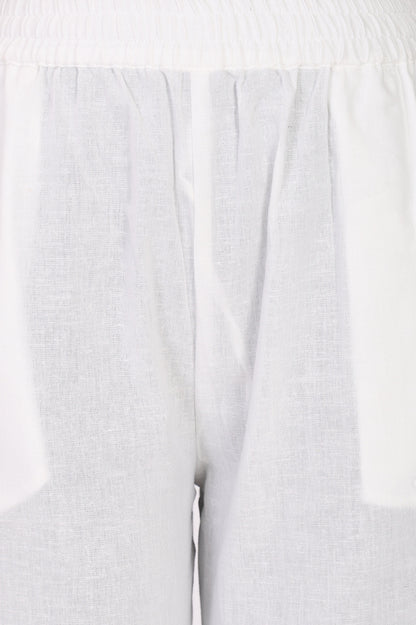 White Solid Pure Cotton Straight Fit Pants with Lace