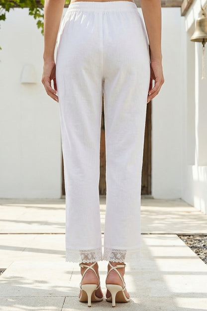 White Solid Pure Cotton Straight Fit Pants with Lace